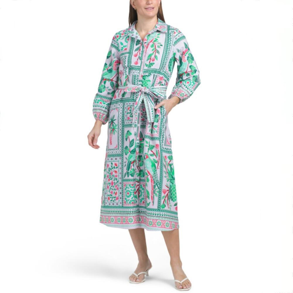 NWT CELINA MOON Long Sleeve Tile Print Midi Dress - White Green Pink - Size S